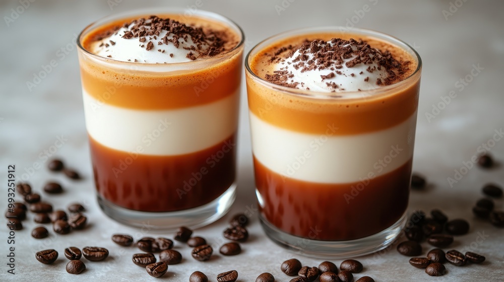 Two Layered Coffee Drinks with Orange and White Cream on Dark Brown Liquid in Glass Cups – Scattered Coffee Beans on a Light Grey Background, Real Photo
Two Layered Coffee Drinks with Orange and White Cream on Dark Brown Liquid in Glass Cups – Scattered Coffee Beans on a Light Grey Background, Real Photo