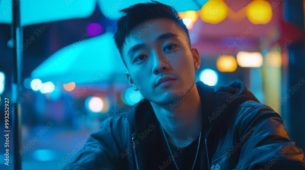 The young asian man relaxes under vibrant neon lights in an urban setting, exuding confidence as he gazes toward the camera while the ambient glow enhances the mood of the night around him. The young asian man relaxes under vibrant neon lights in an urban setting, exuding confidence as he gazes toward the camera while the ambient glow enhances the mood of the night around him.