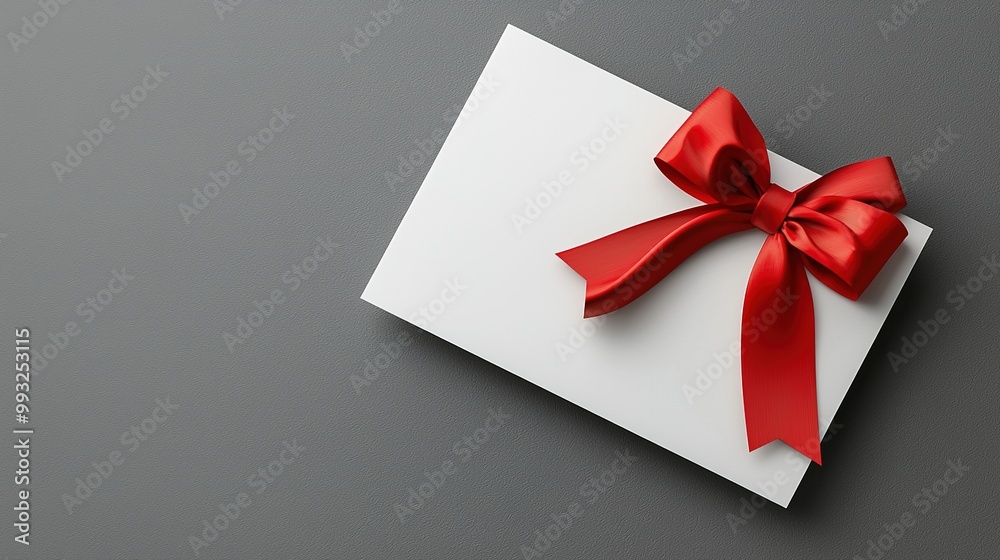 Blank white gift card with red ribbon bow isolated on grey background. Generative Ai