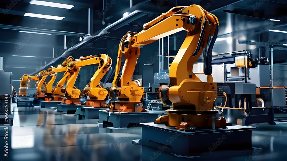 Factory robots working with machinery, robot in industry Factory robots working with machinery, robot in industry