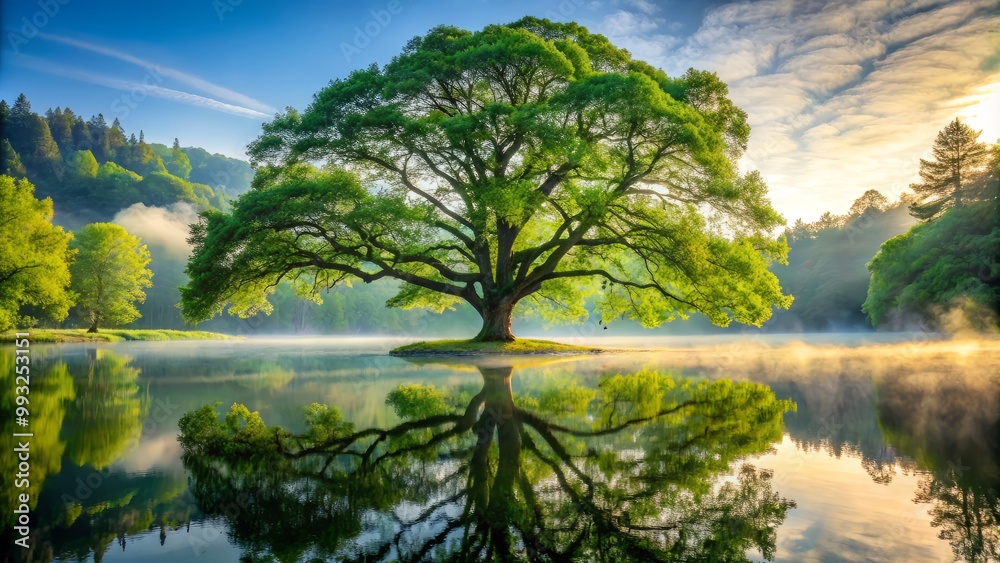 Obraz premium romantic misty morning scene of a majestic tree with electric green foliage overlooking serene lake reflections