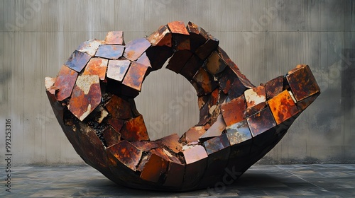 Abstract Metal Sculpture with Rusted Surfaces and a Circular Opening photo