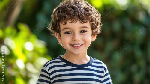 A young boy with brown hair and a blue and white striped shirt is smiling