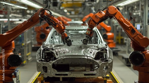 A production line with partially assembled cars, robotic arms installing wheels and other components, a high-tech factory environment photo