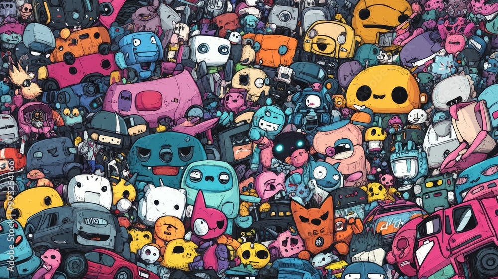 Fototapeta premium Cute Cartoon Characters and Colorful Cars in Doodle Style, pattern design