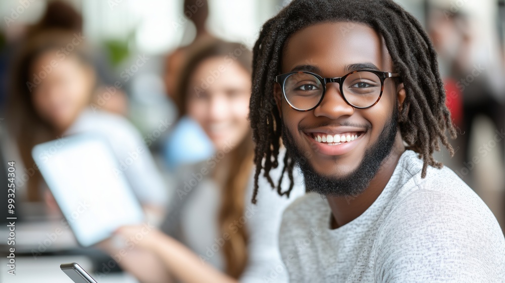 A man with glasses and dreadlocks is smiling at the camera A man with glasses and dreadlocks is smiling at the camera