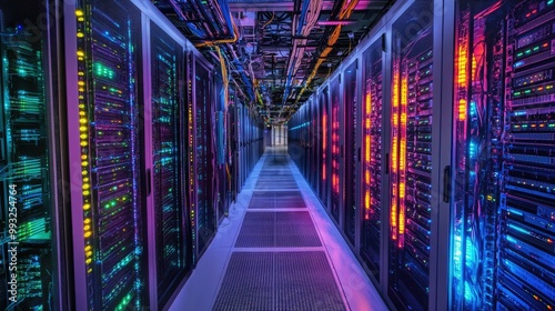 Data Center with Colorful LED Lighting Effects