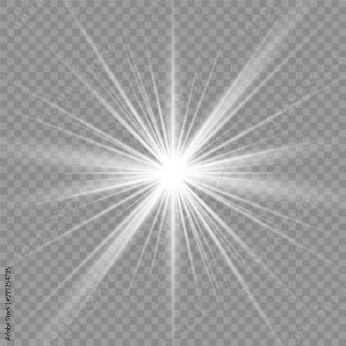 A twinkling white star on a light gray background. Sparkling and shining stars, bright flashes of lights with radiation. Vector EPS 10.