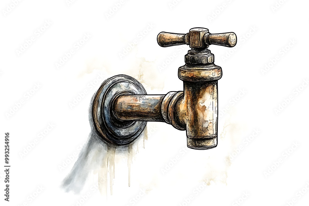 Tap, with flowing water, white background. Tap, with flowing water, white background.