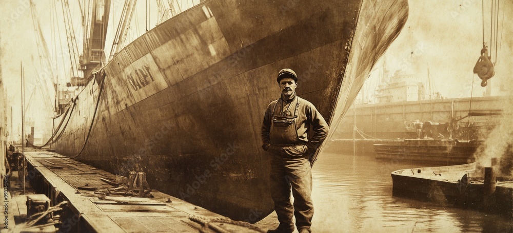 Fototapeta premium Worker man in seaport retro photo black and white
