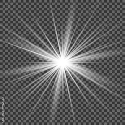 A twinkling white star on a light gray background. Sparkling and shining stars, bright flashes of lights with radiation. Vector EPS 10.