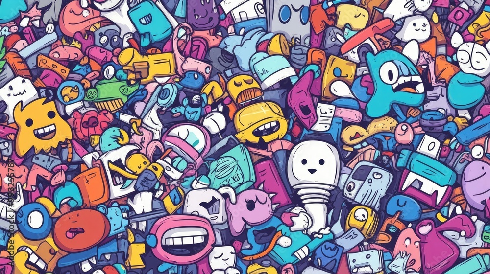Fototapeta premium Cute Cartoon Characters and Colorful Cars in Doodle Style, pattern design