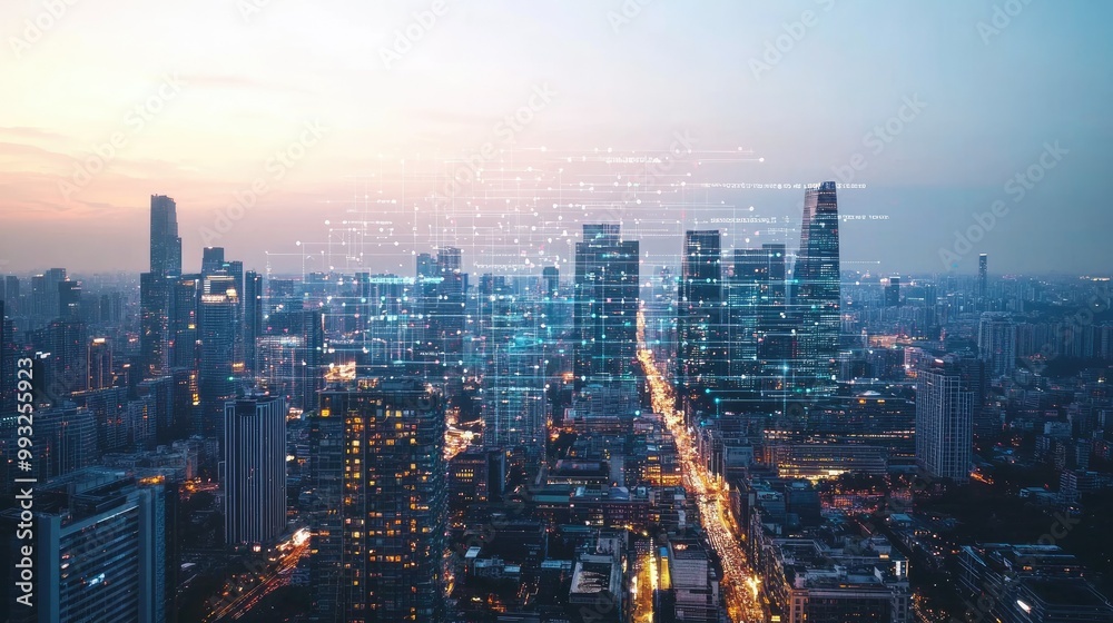 Urban skyline with digital overlay technology Urban skyline with digital overlay technology