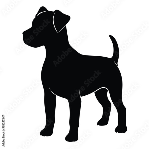 a black silhouette of a dog standing on all fours. The dog appears to be a boxer or a similar breed, with a round head and a short body. vector silhouette, 