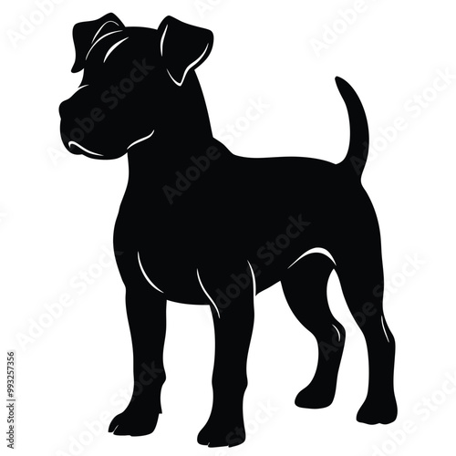 a black silhouette of a dog standing on all fours. The dog appears to be a boxer or a similar breed, with a round head and a short body. vector silhouette, 