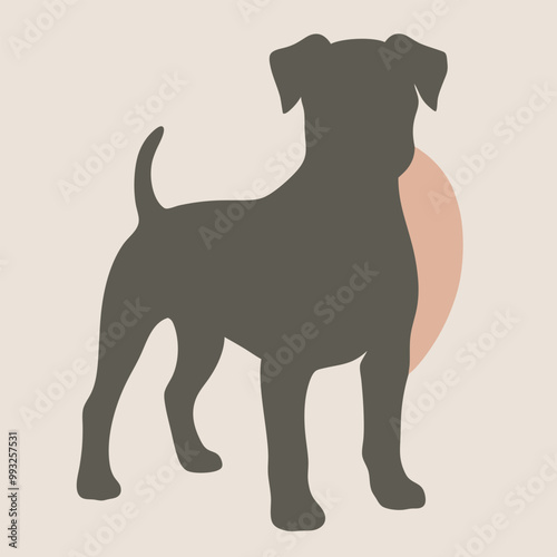 a black silhouette of a dog standing on all fours. The dog appears to be a boxer or a similar breed, with a round head and a short body. vector silhouette, 