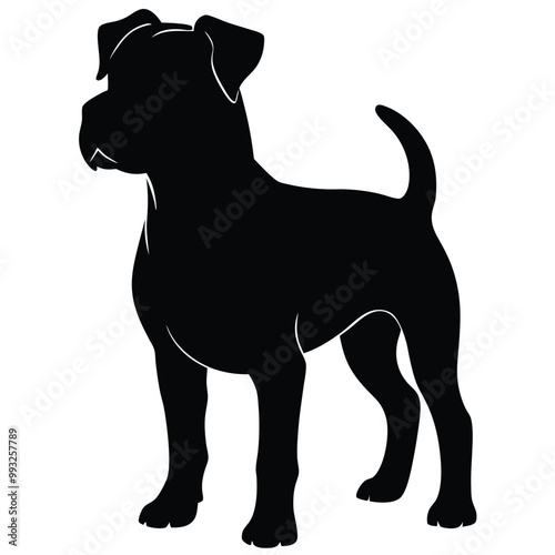 a black silhouette of a dog standing on all fours. The dog appears to be a boxer or a similar breed, with a round head and a short body. vector silhouette, 