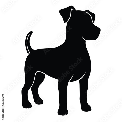 a black silhouette of a dog standing on all fours. The dog appears to be a boxer or a similar breed, with a round head and a short body. vector silhouette, 