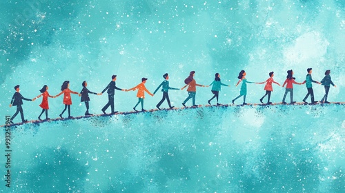 Fototapeta Naklejka Na Ścianę i Meble -  A vector-style group of cartoon people pulling together on a rising stock market line representing cooperation in economic improvement Large space for text in center Stock Photo with copy space