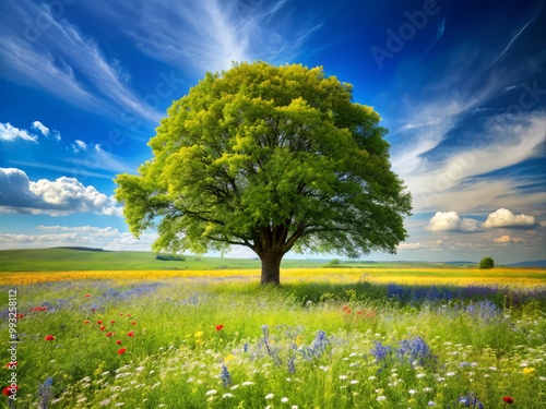 Vibrant green tree growing in a sun-drenched open field with a carpet of wildflowers swaying gently in the breeze under a bright blue sky. photo