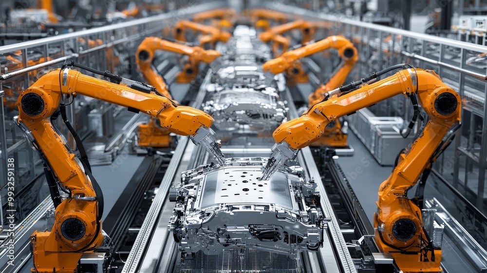 A row of robots assembling car engines, the synchronized movements and high-tech environment highlighting modern industrial production A row of robots assembling car engines, the synchronized movements and high-tech environment highlighting modern industrial production