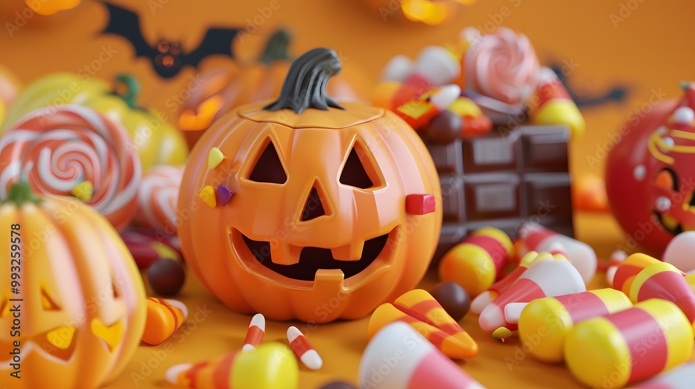 A festive Halloween image featuring candy corn and a pumpkin, perfect for celebrating the spooky season in October A festive Halloween image featuring candy corn and a pumpkin, perfect for celebrating the spooky season in October