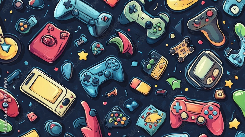 Cartoon Vector Pattern Design with Game Controllers, Video Games, and Toys Cartoon Vector Pattern Design with Game Controllers, Video Games, and Toys