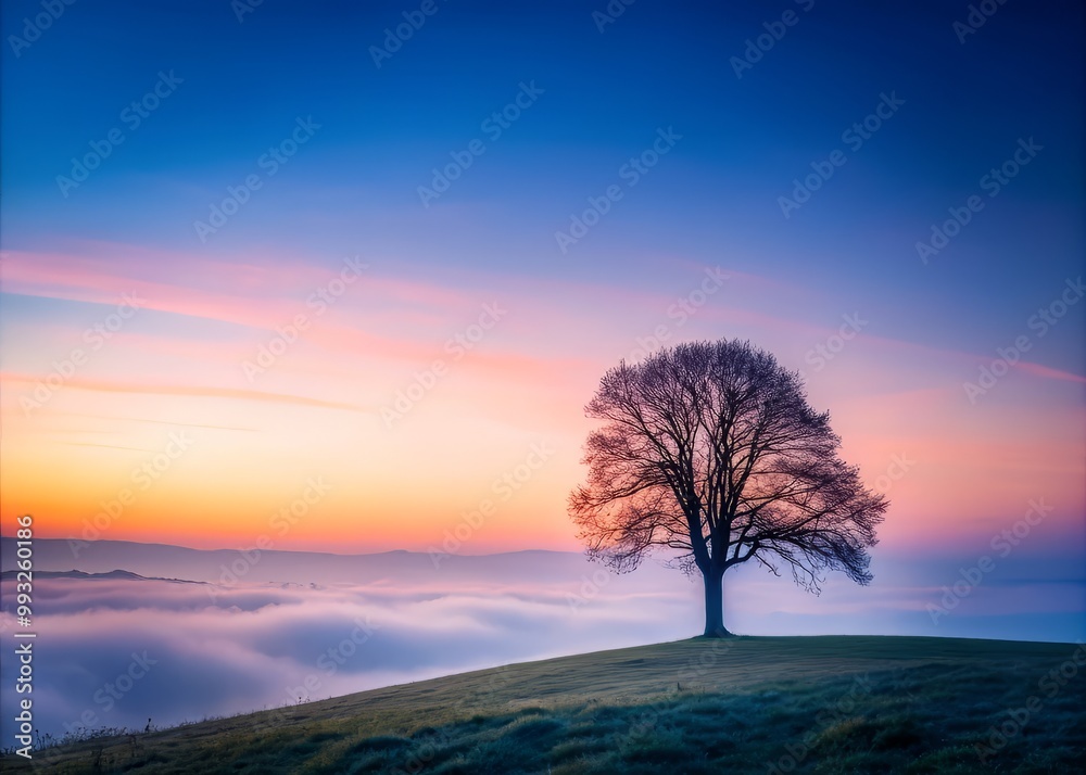 peaceful silhouette of tree on hilltop at dawn soft pink and blue hues long exposure subtle misty fog minimalist composition serene and calm mood peaceful silhouette of tree on hilltop at dawn soft pink and blue hues long exposure subtle misty fog minimalist composition serene and calm mood