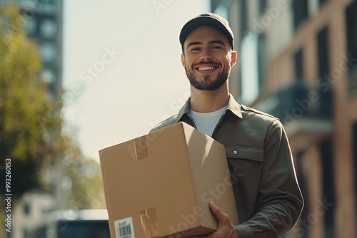 Delivery Person Smiling While Holding a Package on a Sunny Day in an Urban Neighborhood