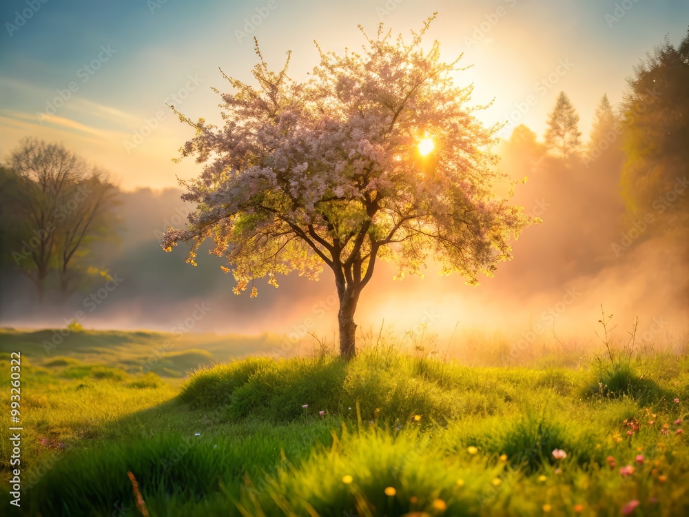 Fototapeta premium Serene misty morning scene featuring tiny cherry blossom tree amidst lush greenery vibrant wildflowers soft warm natural light warm beige tones peaceful atmosphere