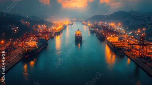 Aerial View of a Busy Cargo Port at Dusk