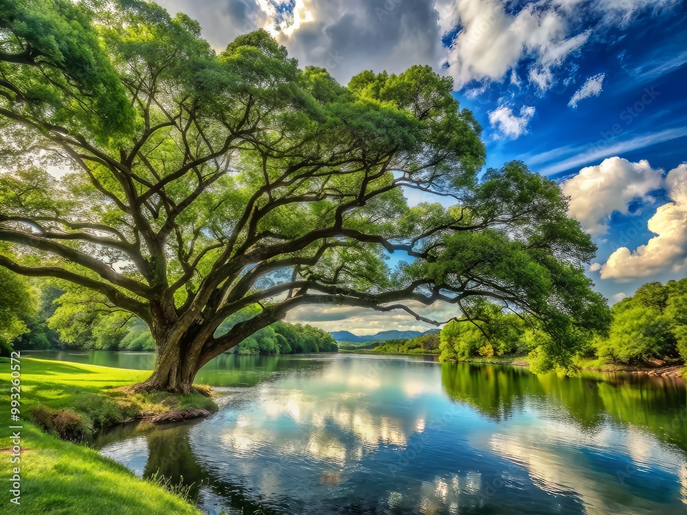 Obraz premium A majestic tree leans towards the gentle current of a serene river, its branches stretching out like nature's own cathedral, surrounded by emerald green vegetation and soft, feathery clouds.