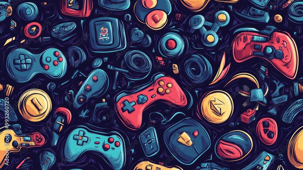 Naklejka premium Cartoon Vector Pattern Design with Game Controllers, Video Games, and Toys