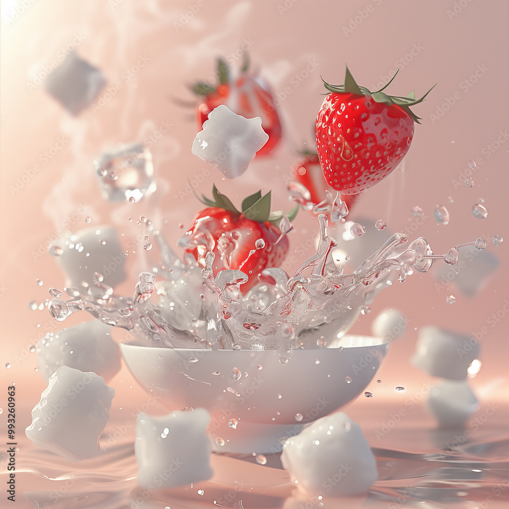 Fresh Strawberries And Ice Cubes Splashing In A Bowl Of Water On A Soft Pink Background Fresh Strawberries And Ice Cubes Splashing In A Bowl Of Water On A Soft Pink Background