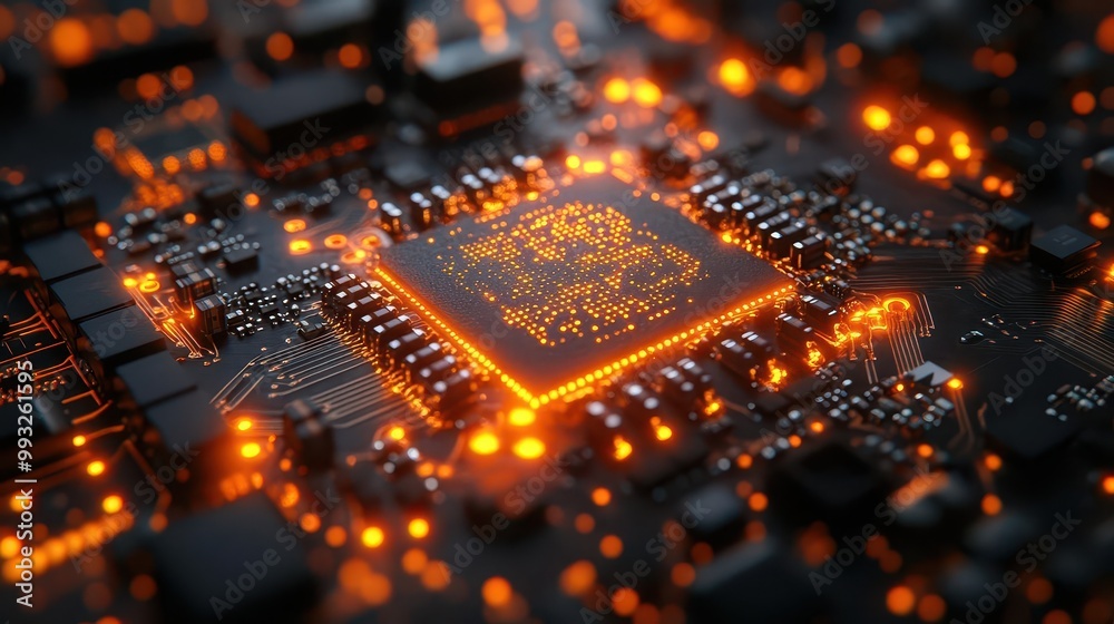 Obraz premium closeup of a microchip with intricate circuits highlighted by a soft glow reflecting the advanced technology behind modern computing systems