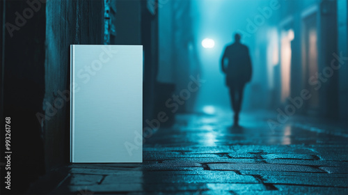 Blank book mockup in misty urban alley with silhouette for design projects
