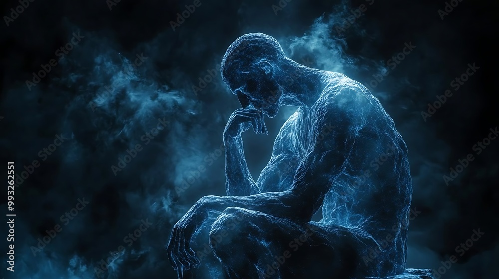 3D Illustration - The Thinker in Blue Smoke: A Contemplative Pose 3D Illustration - The Thinker in Blue Smoke: A Contemplative Pose