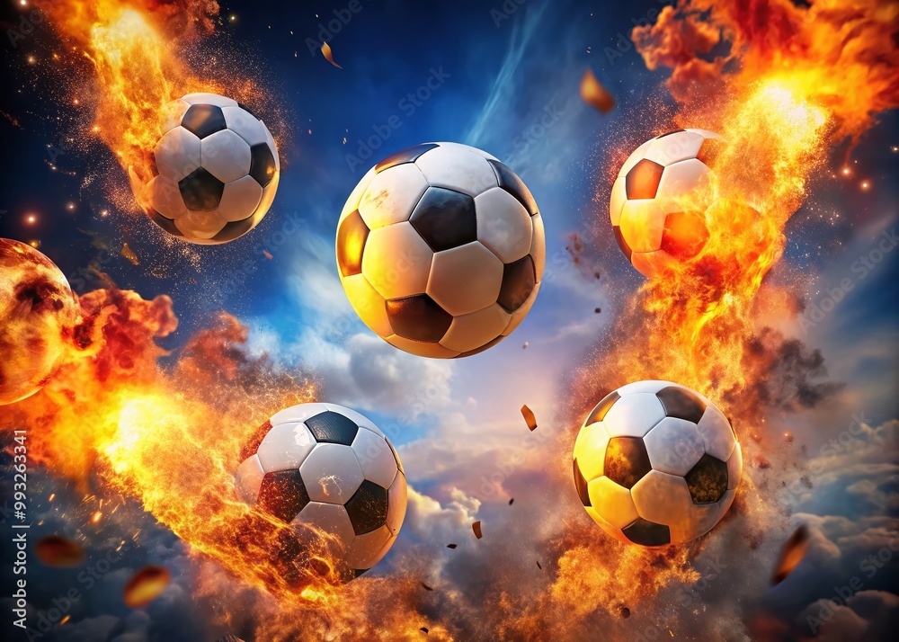 Naklejka premium Explosive Fireballs in Midair During Intense Soccer Match Capturing Action and Energy of the Game