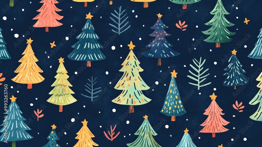 Fototapeta premium Christmas Tree Surrounded by Cute Kawaii Cartoon Characters, Colorful Monster Pattern Design