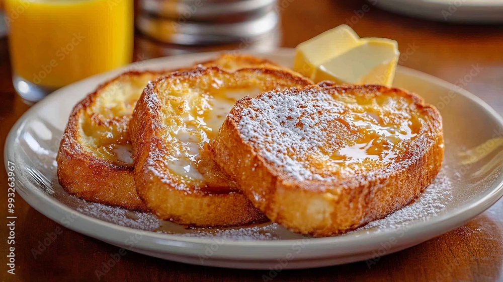 Sliced bread soaked in eggs, fried with a crispy crust, served on a plate with butter, powdered sugar, and syrup. Sliced bread soaked in eggs, fried with a crispy crust, served on a plate with butter, powdered sugar, and syrup.