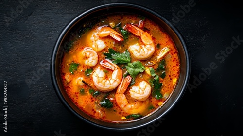 Spicy and sour Thai Tom Yum soup is a popular dish with a blend of shrimp and aromatic ingredients. It's commonly served in Thailand on dark backgrounds, adding an authentic touch.