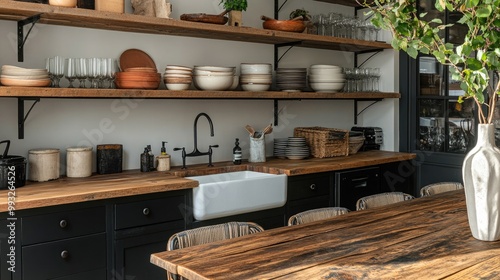 A stylish farmhouse kitchen featuring open shelving with rustic dishware