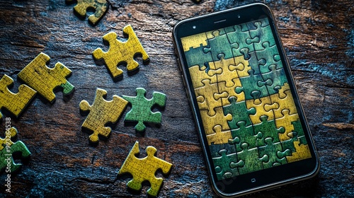 A flat lay image of a mobile phone on a table displaying a word puzzle game with green and yellow tiles indicating guesses Large space for text in center Stock Photo with copy space photo