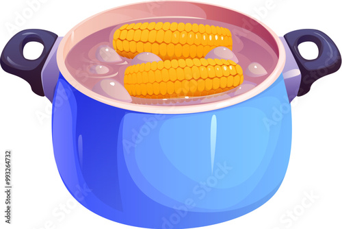 Corn cobs cooking process. Two ears of corn being boiled in a blue pot. Isolated cartoon vector culinary and kitchen-themed image highlighting the freshness and warmth of a homemade cooked maize meal