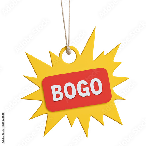 playful price tag with comic style design featuring bold BOGO text, perfect for promotions and sales. This vibrant tag adds excitement to any shopping experience