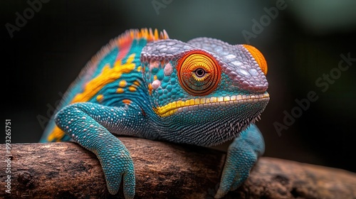 closeup portrait of a chameleon resting on a branch showcasing its vibrant colors and unique textures set against a blurred natural backdrop for an artistic effect