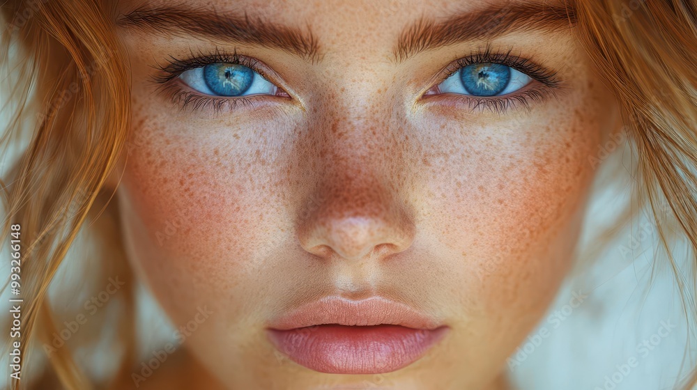 closeup portrait showcasing a young woman with striking bright blue eyes and a sprinkle of freckles illuminated by gentle natural light conveying a sense of warmth and personality closeup portrait showcasing a young woman with striking bright blue eyes and a sprinkle of freckles illuminated by gentle natural light conveying a sense of warmth and personality