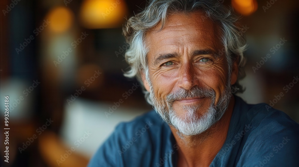 closeup portrait of an older man with a warm smile showcasing his strong features and stylish hair conveying confidence and positivity in a bright inviting setting