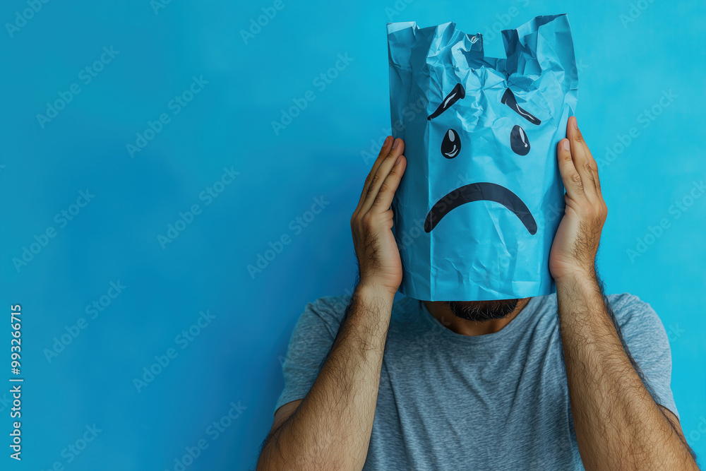 Blue Monday Background. Feelings Of Sadness, Loneliness, Melancholy, Depressing, Disappointment, Or Stress. Close-up Image Of A Man Covering His Head With A Blue Paper Bag, Illustrated With A Sad Face
