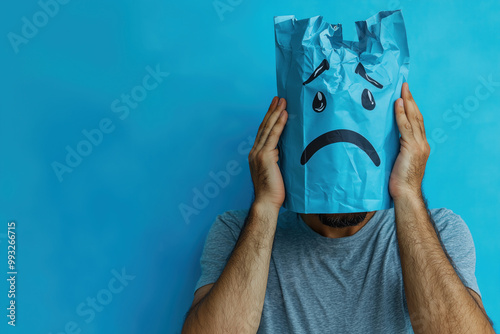 Obraz na płótnie Blue Monday Background. Feelings Of Sadness, Loneliness, Melancholy, Depressing, Disappointment, Or Stress. Close-up Image Of A Man Covering His Head With A Blue Paper Bag, Illustrated With A Sad Face w salonie